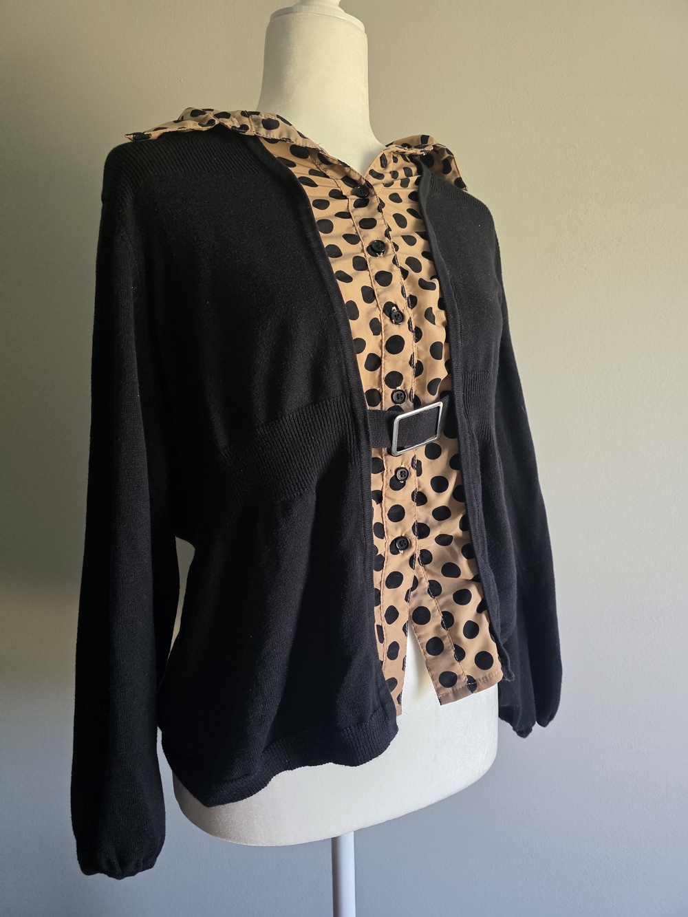 Notations Women’s XL Black Cardigan Polka Dot Belted Layered Top